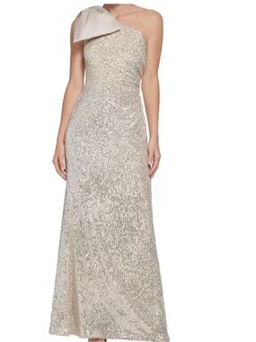 Eliza J Petite One-Bow-Shoulder Sequin Gown